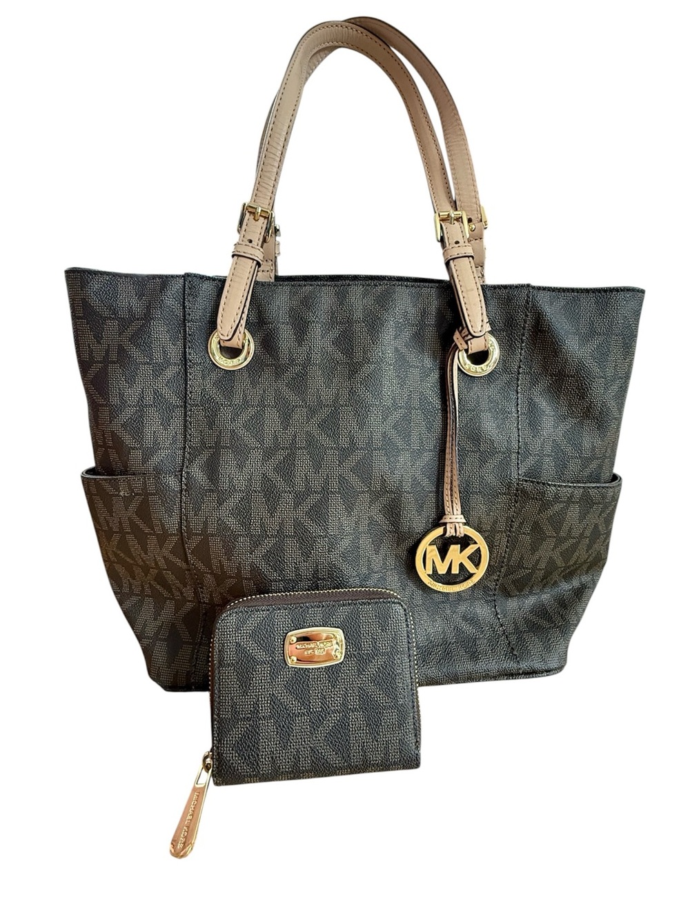 Michael Kors Tote Matching Wallet Set Dark Brown Logo with Beige Straps